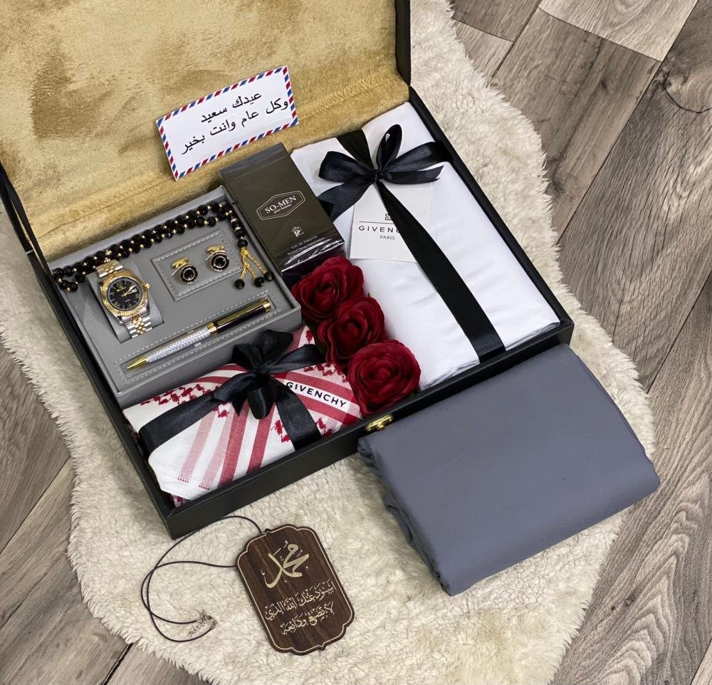 بوكس هدية عيد رجالي فاخر – طقم جفنشي مع شماغ وإكسسوارات أنيقة
